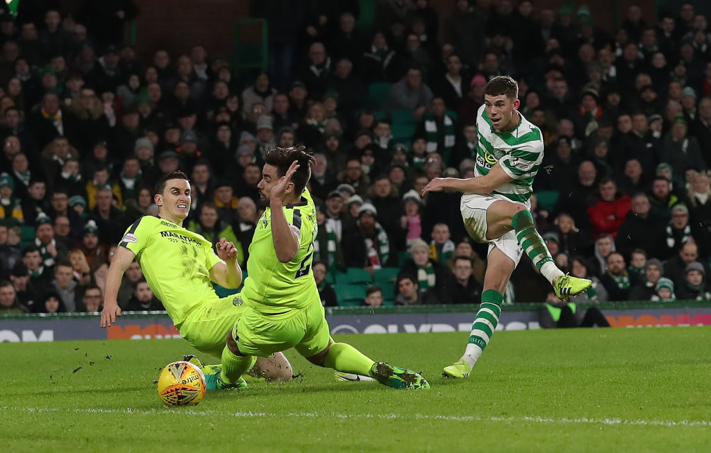 GLASGOW, SCOTLAND - FEBRUARY 06:  Ryan Christie of Celtic scores the opening goal during the Ladbrokes Premiership match between Celtic and Hibernian at Celtic Park on February 6, 2019 in Glasgow, United Kingdom. (Photo by Ian MacNicol/Getty Images)
