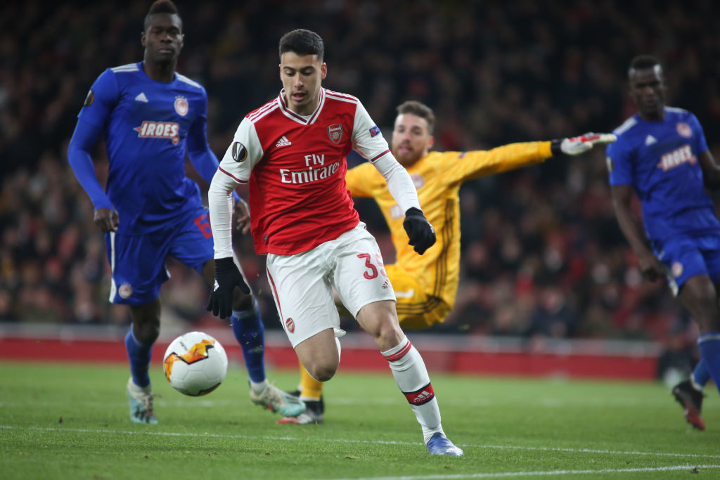 Gabriel Martinelli (Arsenal) controls the ball during the 2019/20 UEFA Europa League 1/32 playoff finale game between Arsenal FC (England) and Olympiakos FC (Greece) at Emirates Stadium, in London, United Kingdom, on February 27, 2020. (Photo by Federico Guerra Moran/NurPhoto via Getty Images)