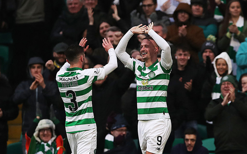 GLASGOW, SCOTLAND - MARCH 07: Leigh Griffiths of Celtic celebrates scoring his third goal during the Ladbrokes Premiership match between Celtic and St. Mirren at Celtic Park on March 07, 2020 in Glasgow, Scotland. (Photo by Ian MacNicol/Getty Images)