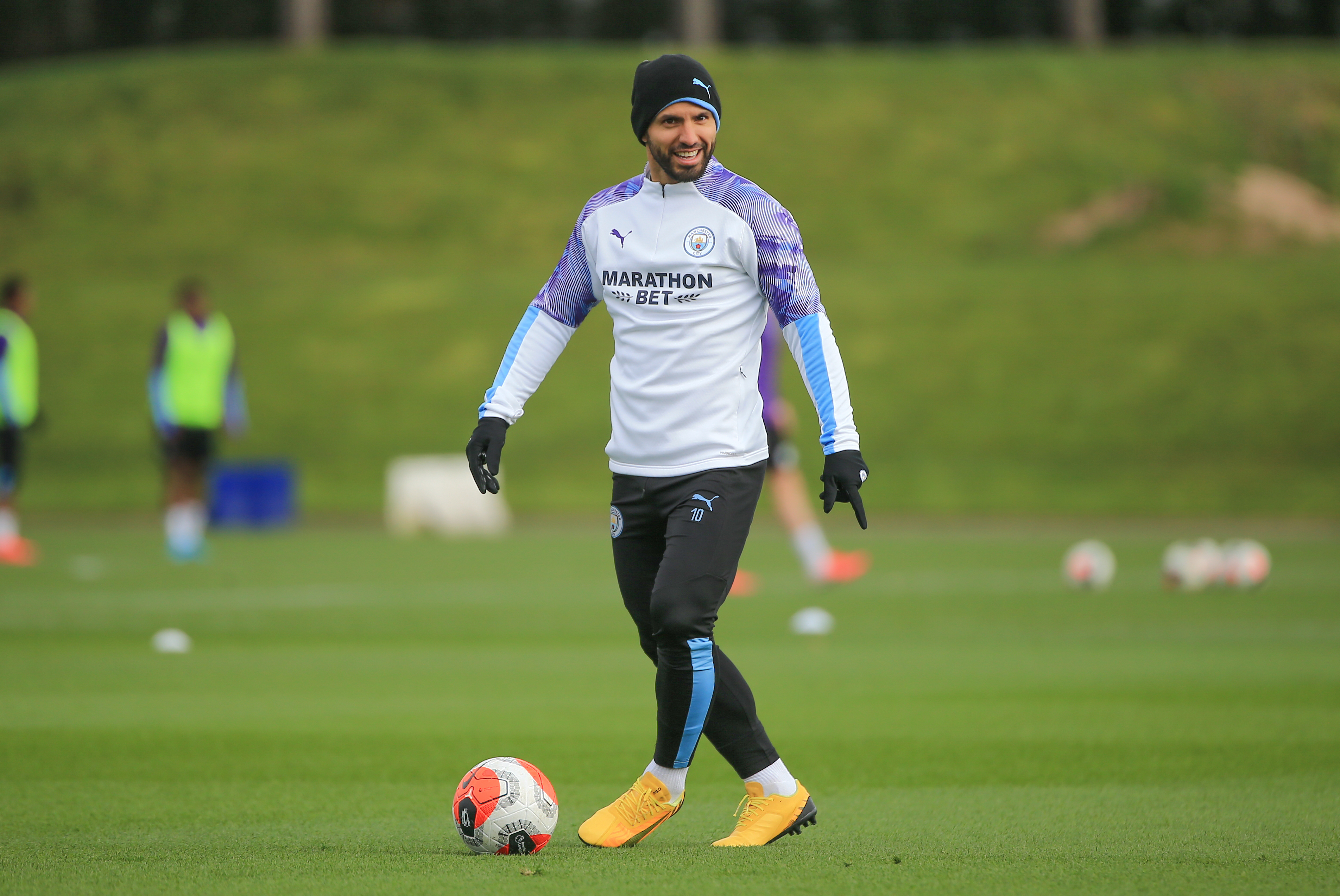 MANCHESTER, ENGLAND - MARCH 12: Manchester City's Sergio Aguero in action during training at Manchester City Football Academy on March 12, 2020 in Manchester, England. (Photo by Tom Flathers/Manchester City FC via Getty Images)