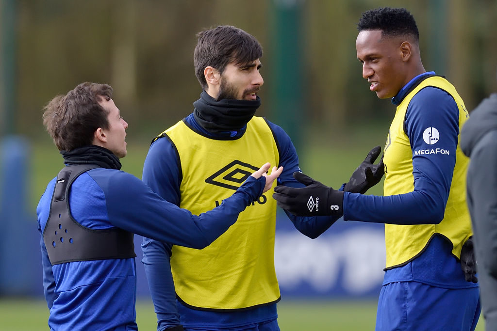 HALEWOOD, ENGLAND - MARCH 11 (EXCLUSIVE COVERAGE) Bernard Andre Gomes and Yerry Mina (R) during the Everton Training Session at USM Finch Farm on March 11 2020 in Halewood, England.  (Photo by Everton FC via Getty Images)
