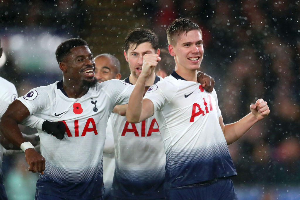 LONDON, ENGLAND - NOVEMBER 10:  Juan Foyth of Tottenham Hotspur celebrates after scoring his team's first goal during the Premier League match between Crystal Palace and Tottenham Hotspur at Selhurst Park on November 10, 2018 in London, United Kingdom.  (Photo by Catherine Ivill/Getty Images)