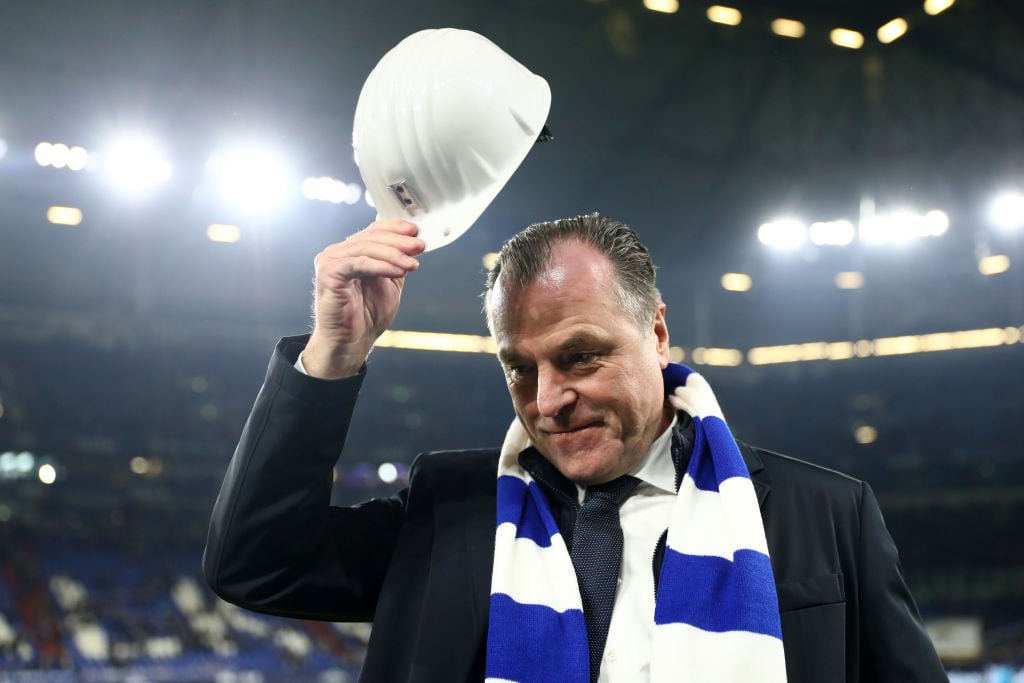 GELSENKIRCHEN, GERMANY - DECEMBER 19:  Clemens Tonnies, chariman of the supervisory board at Schalke 04 acknowledges the fans in coal mine workers clothes prior to the Bundesliga match between FC Schalke 04 and Bayer 04 Leverkusen at Veltins-Arena on December 19, 2018 in Gelsenkirchen, Germany.  (Photo by Lars Baron/Bongarts/Getty Images)