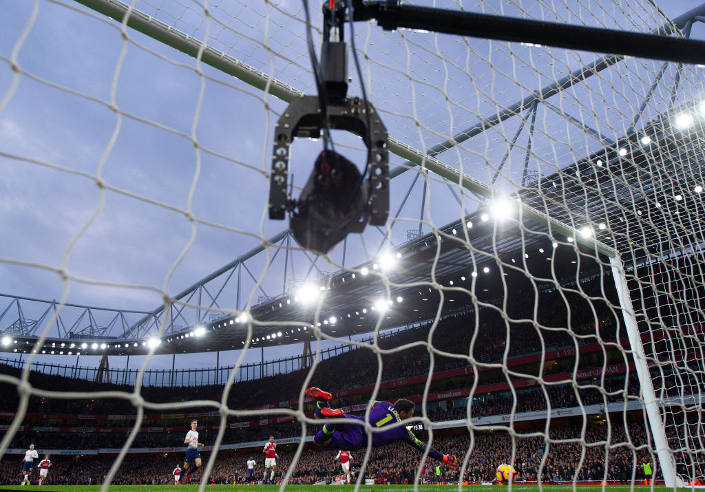 LONDON, ENGLAND - DECEMBER 02: The Sky Sports remote controlled goal camera films the action during the Premier League match between Arsenal FC and Tottenham Hotspur FC at the Emirates Stadium on December 2, 2018 in London, United Kingdom. (Photo by Visionhaus/Getty Images)