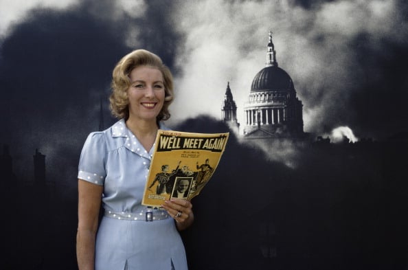 Singer and actress Vera Lynn, 'The Forces' Sweetheart', posing with the score for 'We'll Meet Again', 1972. (Photo by Tony Evans/Timelapse Library Ltd./Getty Images)