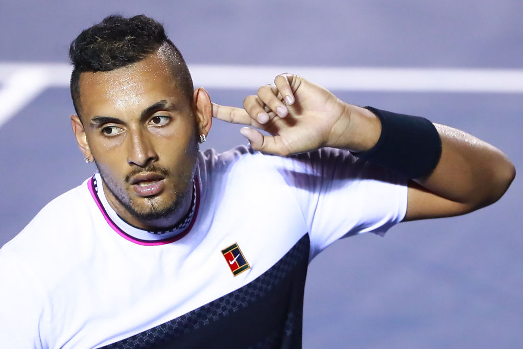 ACAPULCO, MEXICO - FEBRUARY 27: Nick Kyrgios of Australia celebrates after winning his match against Rafael Nadal of Spain as part of the day 3 of the Telcel Mexican Open 2019 at Mextenis Stadium on February 27, 2019 in Acapulco, Mexico. (Photo by Hector Vivas/Getty Images)