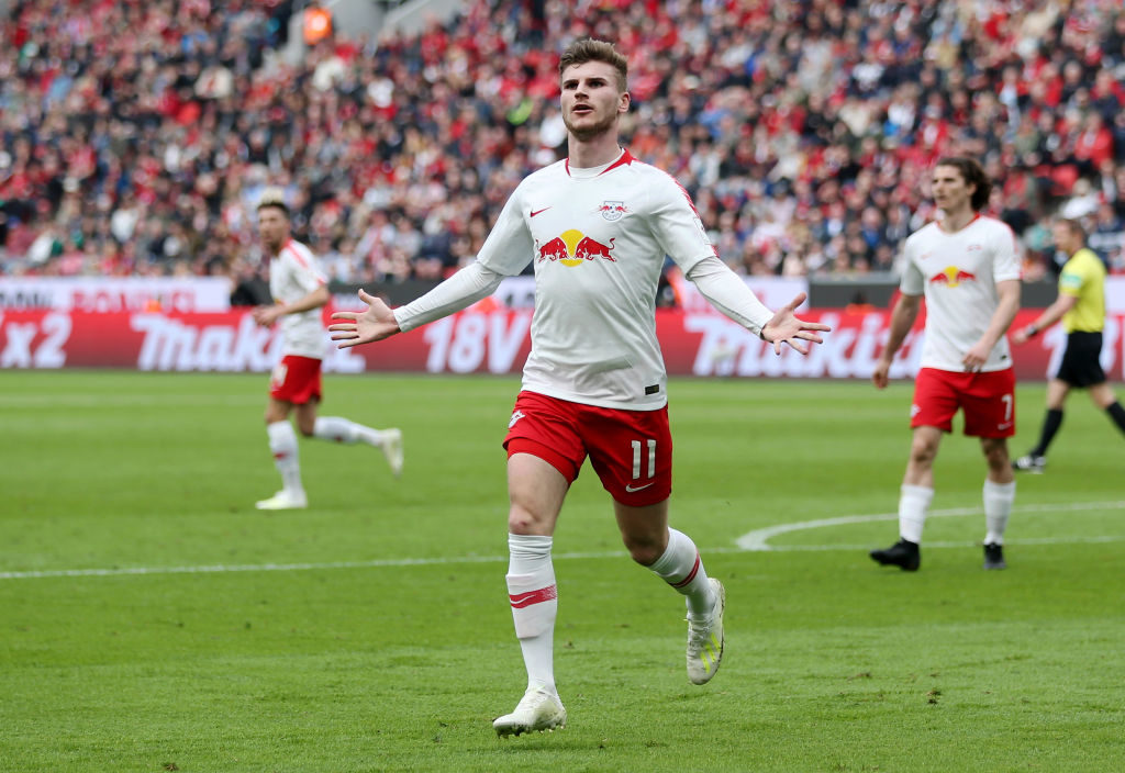LEVERKUSEN, GERMANY - APRIL 06: Timo Werner of RB Leipzig celebrates after scoring his team's second goal during the Bundesliga match between Bayer 04 Leverkusen and RB Leipzig at BayArena on April 06, 2019 in Leverkusen, Germany. (Photo by Christof Koepsel/Bongarts/Getty Images)