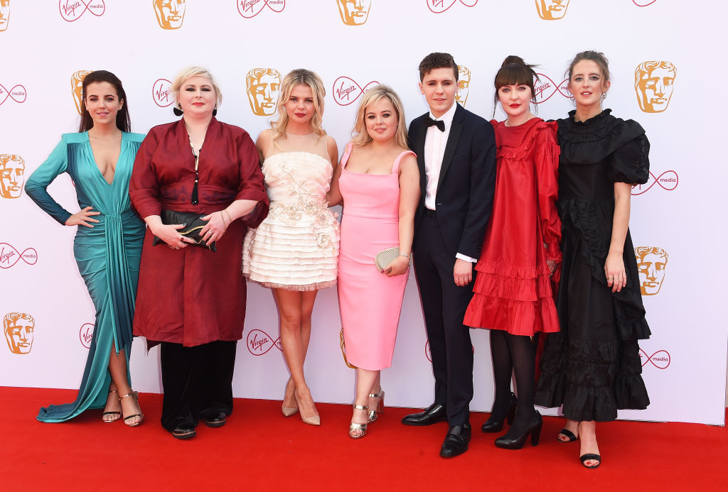 LONDON, ENGLAND - MAY 12: : The cast of Derry Girls (L-R) Jamie-Lee O'Donnell, Siobhan McSweeney, Saoirse-Monica Jackson, Nicola Coughlan, Dylan Llewellyn, Kathy Kiera Clarke and Louisa Harland attend the Virgin Media British Academy Television Awards at The Royal Festival Hall on May 12, 2019 in London, England.  (Photo by David M. Benett/Dave Benett/Getty Images)