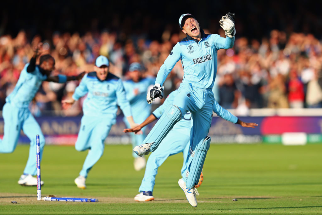 LONDON, ENGLAND - JULY 14: England celebrates victory during the Final of the ICC Cricket World Cup 2019 between New Zealand and England at Lord's Cricket Ground on July 14, 2019 in London, England. (Photo by Michael Steele/Getty Images)