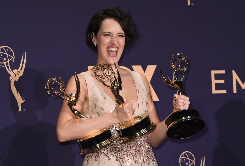TOPSHOT - British actress Phoebe Waller-Bridge poses with the Emmy for Outstanding Writing for a Comedy Series, Outstanding Lead Actress In A Comedy Series and Outstanding Comedy Series for "Fleabag" during the 71st Emmy Awards at the Microsoft Theatre in Los Angeles on September 22, 2019. (Photo by Robyn Beck / AFP)        (Photo credit should read ROBYN BECK/AFP via Getty Images)