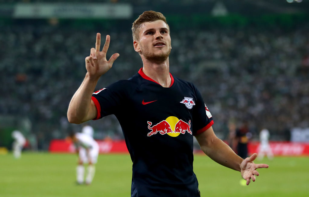 MOENCHENGLADBACH, GERMANY - AUGUST 30: Timo Werner of Leipzig celebrates after scoring his teams third goal during the Bundesliga match between Borussia Moenchengladbach and RB Leipzig at Borussia-Park on August 30, 2019 in Moenchengladbach, Germany. (Photo by Lars Baron/Bongarts/Getty Images)