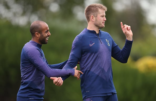 ENFIELD, ENGLAND - OCTOBER 25: Lucas Moura and Eric Dier of Tottenham Hotspur during the Tottenham Hotspur training session at Tottenham Hotspur Training Centre on October 25, 2019 in Enfield, England. (Photo by Tottenham Hotspur FC/Tottenham Hotspur FC via Getty Images)
