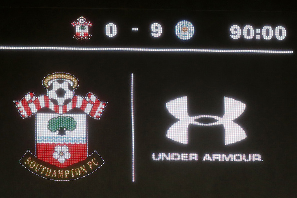SOUTHAMPTON, ENGLAND - OCTOBER 25: The LED screen shows the record breaking 9-0 score line after  the Premier League match between Southampton FC and Leicester City at St Mary's Stadium on October 25, 2019 in Southampton, United Kingdom. (Photo by Naomi Baker/Getty Images)