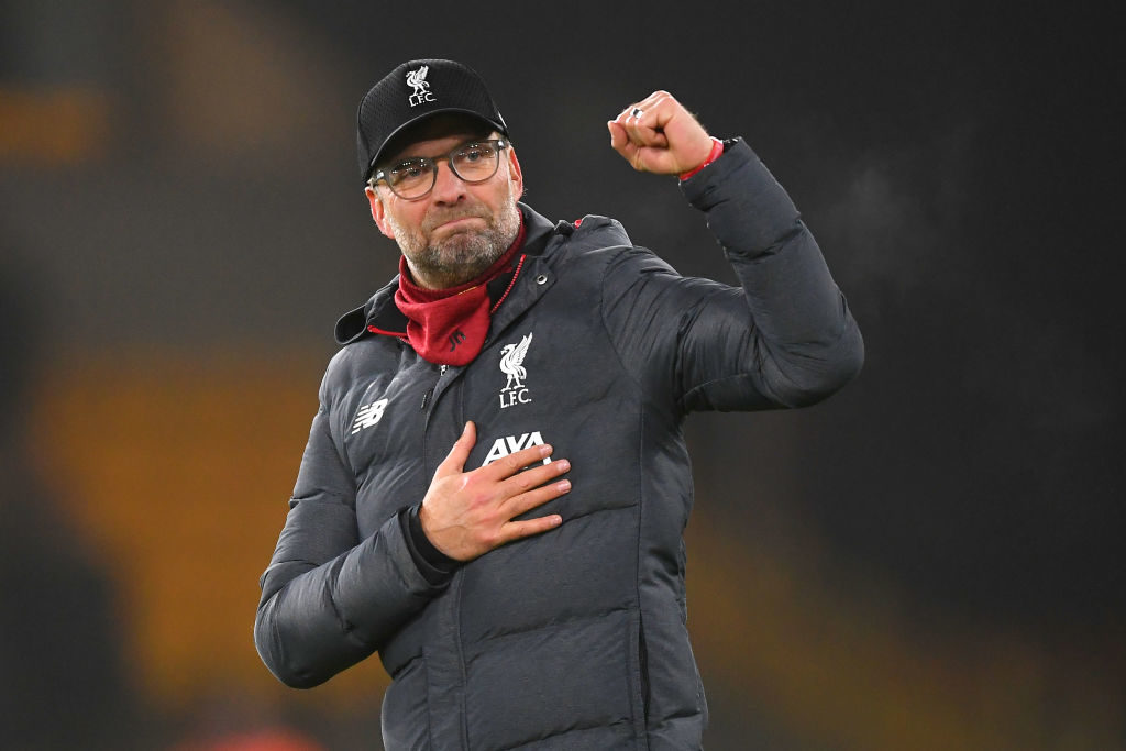 WOLVERHAMPTON, ENGLAND - JANUARY 23: Liverpool manager Jurgen Klopp celebrates after the Premier League match between Wolverhampton Wanderers and Liverpool FC at Molineux on January 23, 2020 in Wolverhampton, United Kingdom. (Photo by Michael Regan/Getty Images)