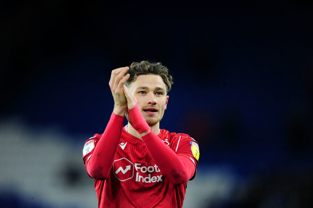 CARDIFF, WALES - FEBRUARY 25: Matty Cash of Nottingham Forest applauds the fans at the final whistle during the Sky Bet Championship match between Cardiff City and Nottingham Forest at the Cardiff City Stadium on February 25, 2020 in Cardiff, Wales. (Photo by Athena Pictures/Getty Images)