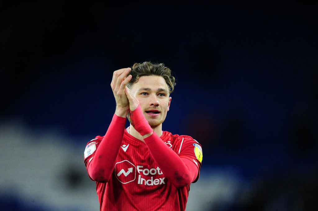 CARDIFF, WALES - FEBRUARY 25: Matty Cash of Nottingham Forest applauds the fans at the final whistle during the Sky Bet Championship match between Cardiff City and Nottingham Forest at the Cardiff City Stadium on February 25, 2020 in Cardiff, Wales. (Photo by Athena Pictures/Getty Images)