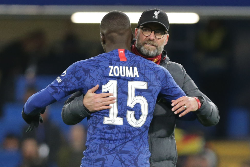 Kurt Zouma of Chelsea and Jurgen Klopp manager of Liverpool hugging during the FA Cup match between Chelsea and Liverpool at Stamford Bridge, London on Tuesday 3rd March 2020. (Photo by Jacques Feeney/MI News/NurPhoto )