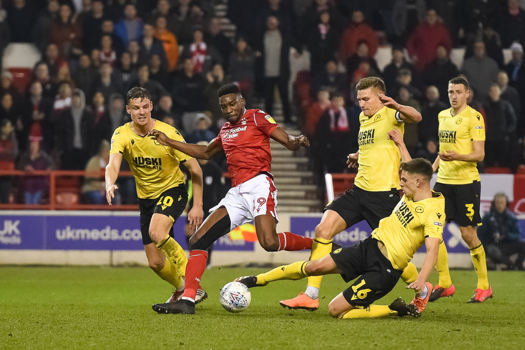 Sammy Ameobi (19) of Nottingham Forest battles in the Millwall box during the Sky Bet Championship match between Nottingham Forest and Millwall at the City Ground, Nottingham on Saturday 7th March 2020.  (Photo by Jon Hobley/MI News/NurPhoto via Getty Images)