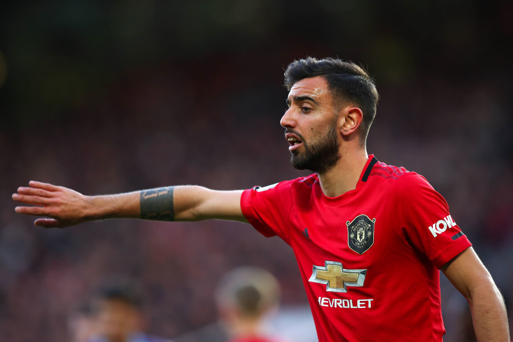 MANCHESTER, ENGLAND - MARCH 08: Bruno Fernandes of Manchester United during the Premier League match between Manchester United and Manchester City at Old Trafford on March 8, 2020 in Manchester, United Kingdom. (Photo by Robbie Jay Barratt - AMA/Getty Images)