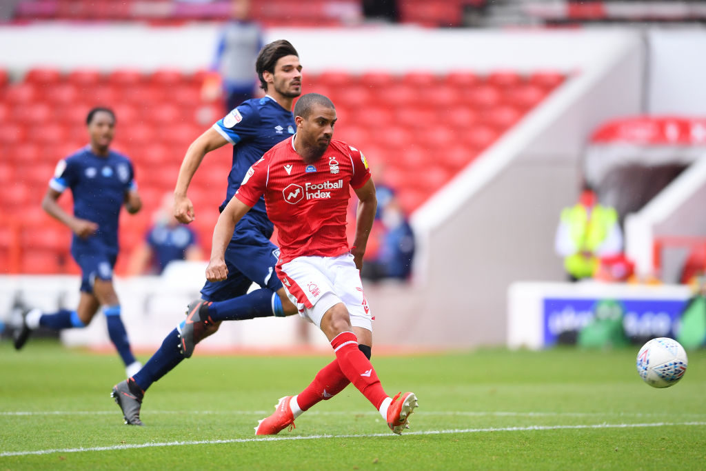 NOTTINGHAM, ENGLAND - JUNE 28: Lewis Grabban of Nottingham Forest scores his sides second goal during the Sky Bet Championship match between Nottingham Forest and Huddersfield Town at City Ground on June 28, 2020 in Nottingham, England. (Photo by Laurence Griffiths/Getty Images)