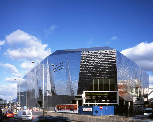 Highcross Leicester, Leicester, United Kingdom, Architect Foreign Office Architects, 2008, Highcross Leicester Shopping Centre / John Lewis Wide View Of The Cineplex - Non Conventional Volume Clad In Stainless Steel Shingles (Photo By View Pictures/Universal Images Group via Getty Images)