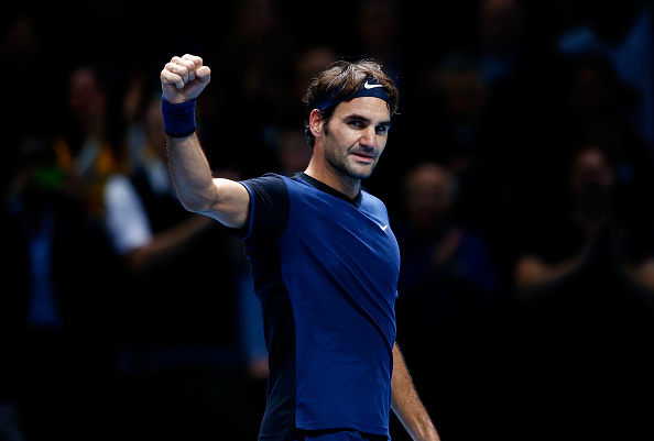 LONDON, ENGLAND - NOVEMBER 17:  Roger Federer of Switzerland celebrates victory in his men's singles match against Novak Djokovic of Serbia during day three of the Barclays ATP World Tour Finals at the O2 Arena on November 17, 2015 in London, England.  (Photo by Julian Finney/Getty Images)