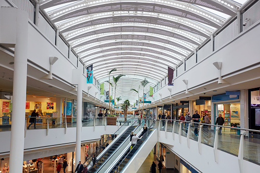 Interior of 'Cribbs Causeway' shopping mall in Bristol with  elevators