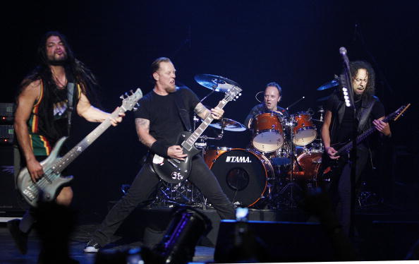 LOS ANGELES, CA - MAY 14:  (L to R) Musicians Robert Trujillo, James Hetfield, Lars Ulrich and Kirk Hammett, of Metallica, perform at The Silverlake Conservatory of Music Benefit at the Wiltern Theater on May 14, 2008 in Los Angeles, California.  (Photo by Kevin Winter/Getty Images)