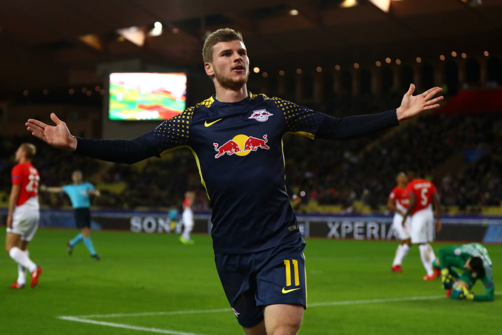 MONACO - NOVEMBER 21:  Timo Werner of RB Leipzig celebrates scoring his sides second goal during the UEFA Champions League group G match between AS Monaco and RB Leipzig at Stade Louis II on November 21, 2017 in Monaco, Monaco.  (Photo by Michael Steele/Getty Images)