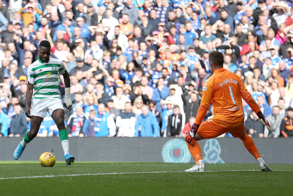 GLASGOW, SCOTLAND - SEPTEMBER 01: Odsonne Edouard of Celtic scores his team's first goal during the Ladbrokes Premiership match between Rangers and Celtic at Ibrox Stadium on September 01, 2019 in Glasgow, Scotland. (Photo by Ian MacNicol/Getty Images)