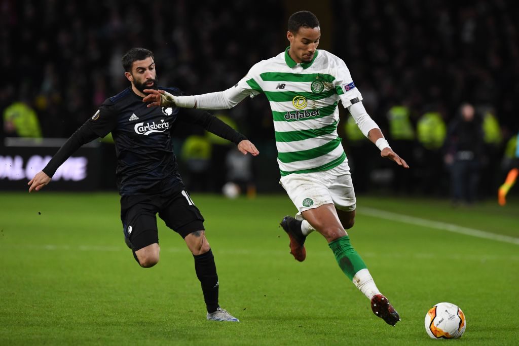 FC Copenhagen's Uruguayan striker Michael Santos (L) vies with Celtic's French defender Christopher Jullien (R) during the UEFA Europa League round of 32 second leg football match between Celtic and Copenhagen at Celtic Park stadium in Glasgow, Scotland on February 27, 2020. (Photo by ANDY BUCHANAN / AFP) (Photo by ANDY BUCHANAN/AFP via Getty Images)