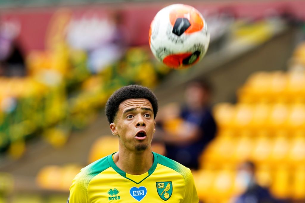 Norwich City's English-born Northern Irish defender Jamal Lewis eyes the ball during the English Premier League football match between Norwich City and West Ham United at Carrow Road in Norwich, eastern England on July 11, 2020. (Photo by Tim Keeton / POOL / AFP) / RESTRICTED TO EDITORIAL USE. No use with unauthorized audio, video, data, fixture lists, club/league logos or 'live' services. Online in-match use limited to 120 images. An additional 40 images may be used in extra time. No video emulation. Social media in-match use limited to 120 images. An additional 40 images may be used in extra time. No use in betting publications, games or single club/league/player publications. /  (Photo by TIM KEETON/POOL/AFP via Getty Images)