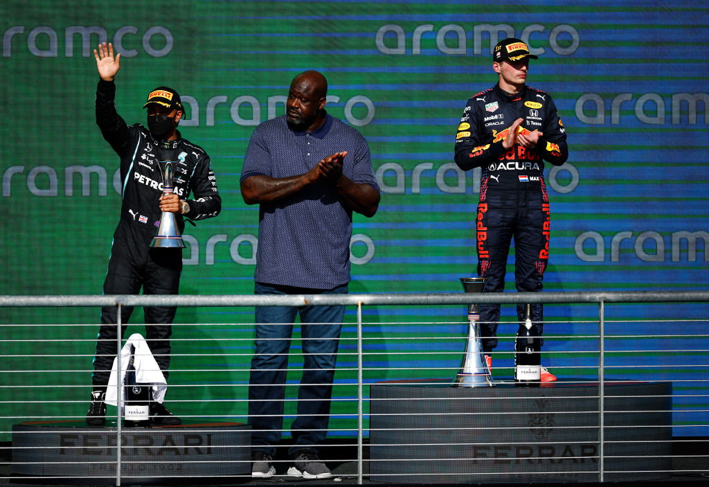 What is Lewis Hamilton's height after Shaq overshadows him on US GP podium?