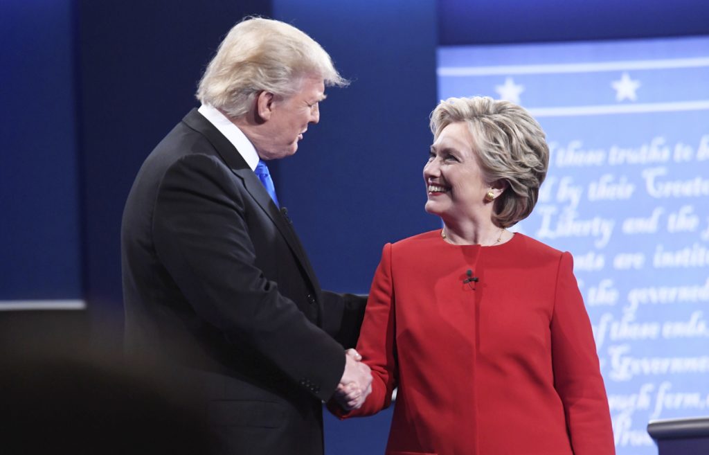 Donald Trump and Hillary Clinton at a 2016 Debate