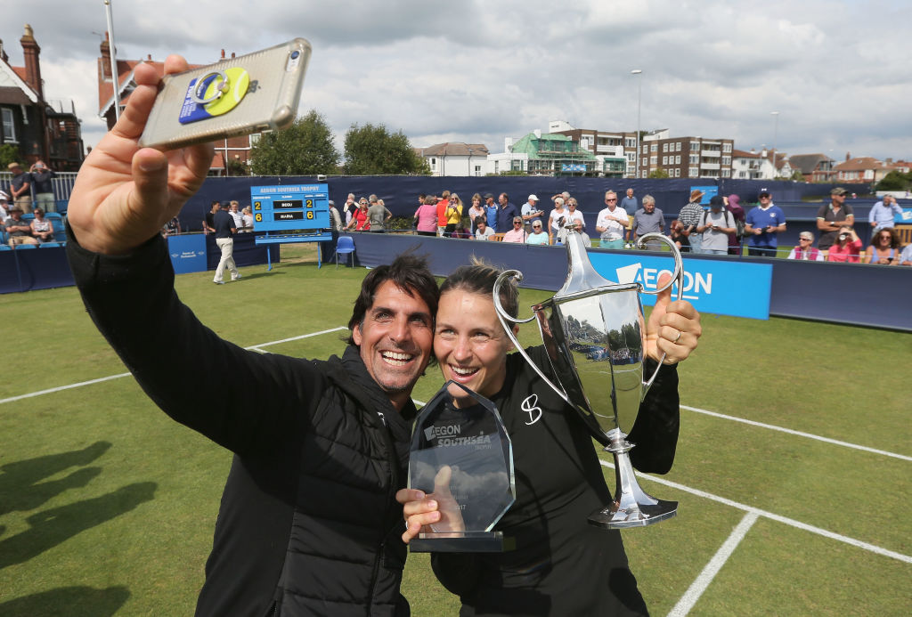 Tatjana Maria of Germany poses for a selfie with her husband and coach Charles Edouard Maria