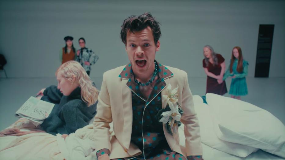 Harry Styles wearing Gucci pajamas in Late Night Talking music video
