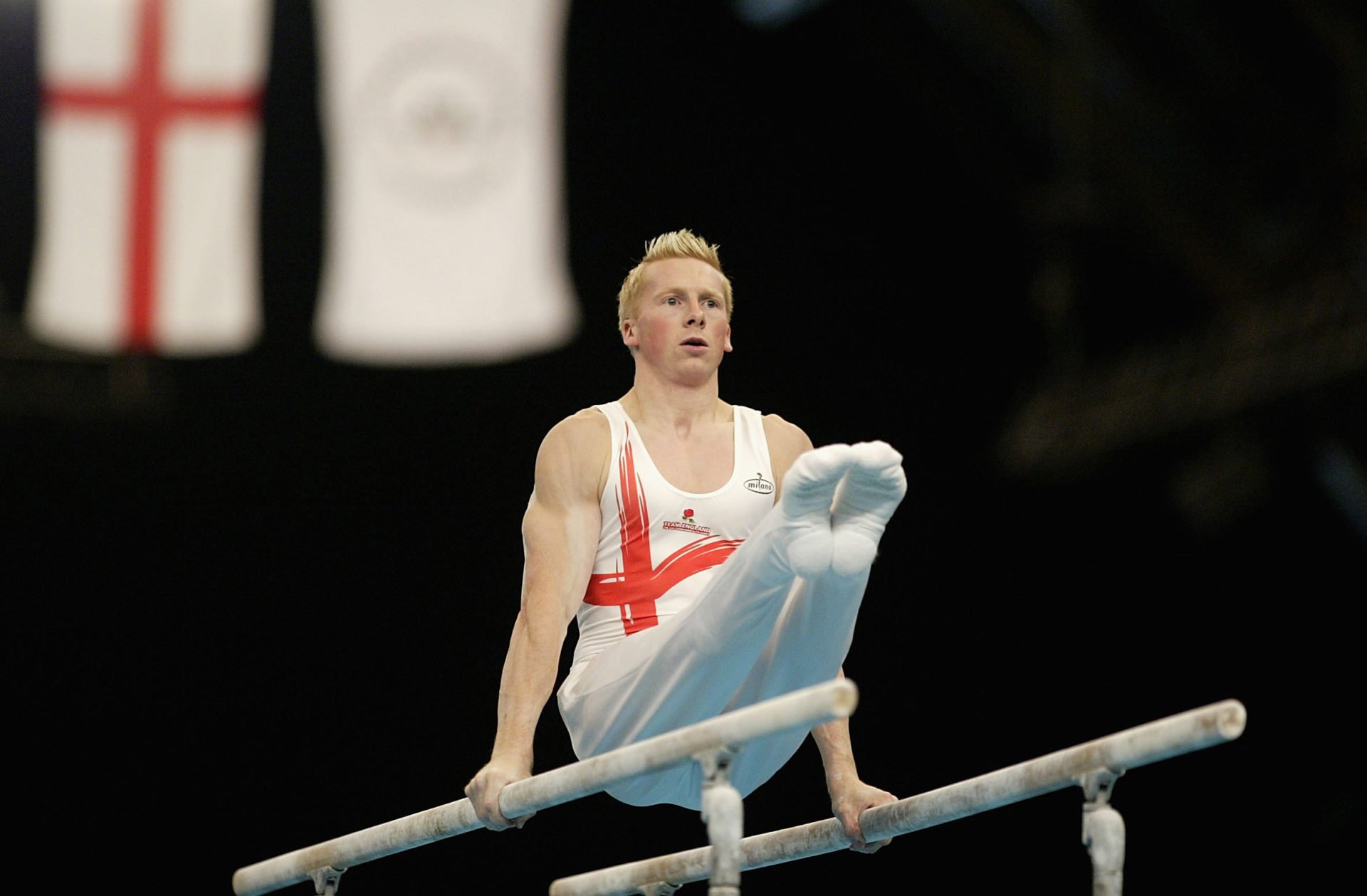  Craig Heap of England in action on the parallel bars during the Mens Individual All-Round Gymnastics Final...