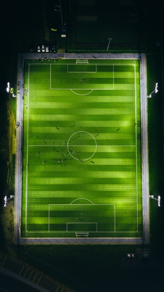 Aerial image of a soccer pitch at night