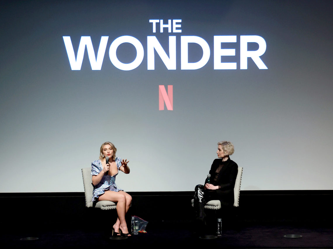Florence Pugh and Zoe Lister-Jones discuss The Wonder on stage at an event in New York