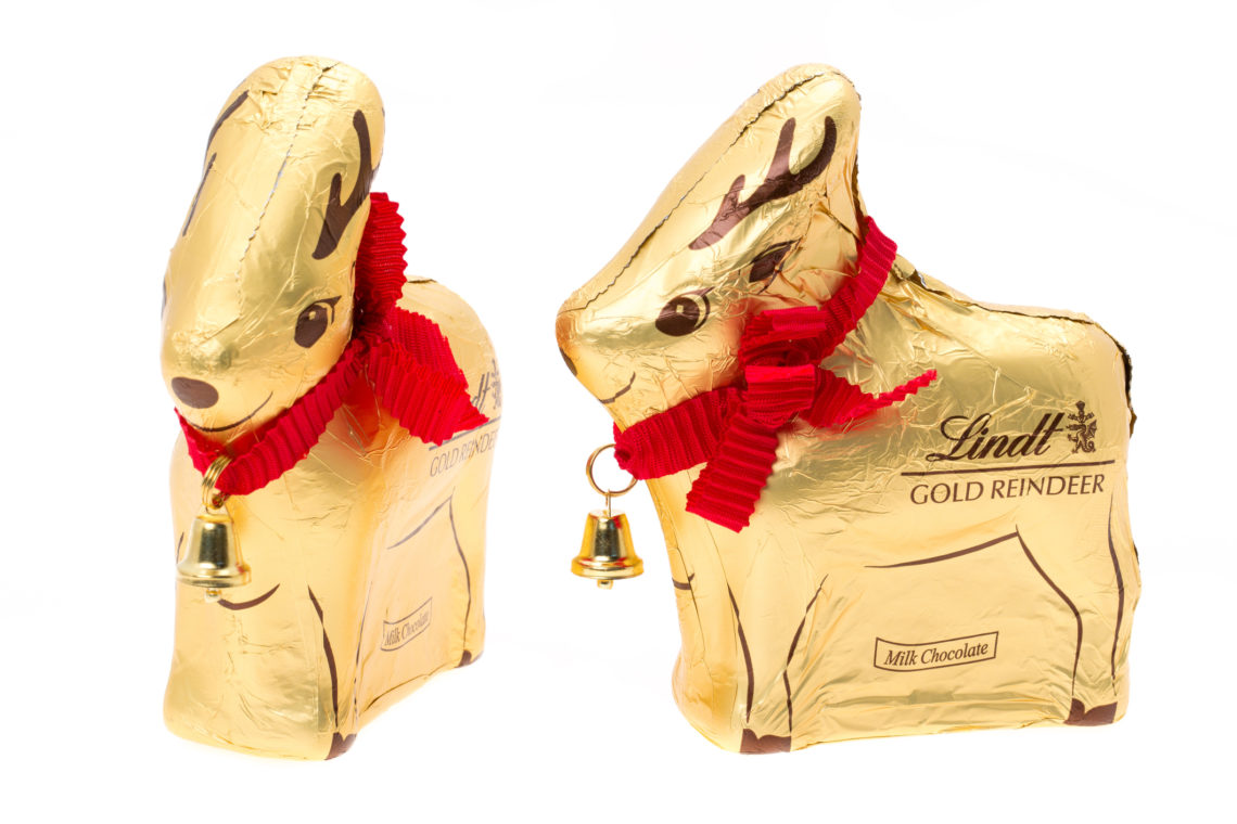 Two Lindt Gold chocolate reindeer