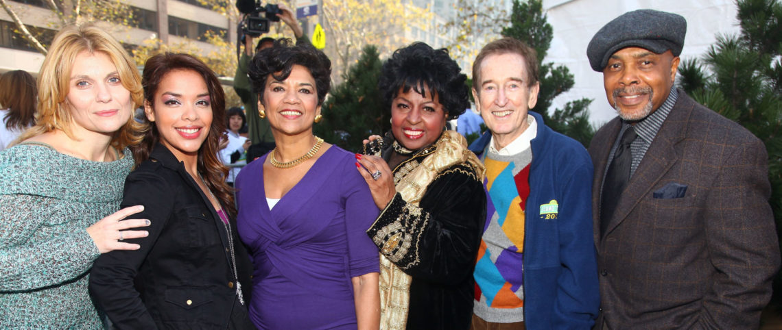 Sesame Street cast members Alison Bartlett O'Reilly, Desiree Casado, Sonia Manzano, Loretta Long, Bob McGrath, and Roscoe Orman pose for a photograph at an annivsary event in 2009, in New York City