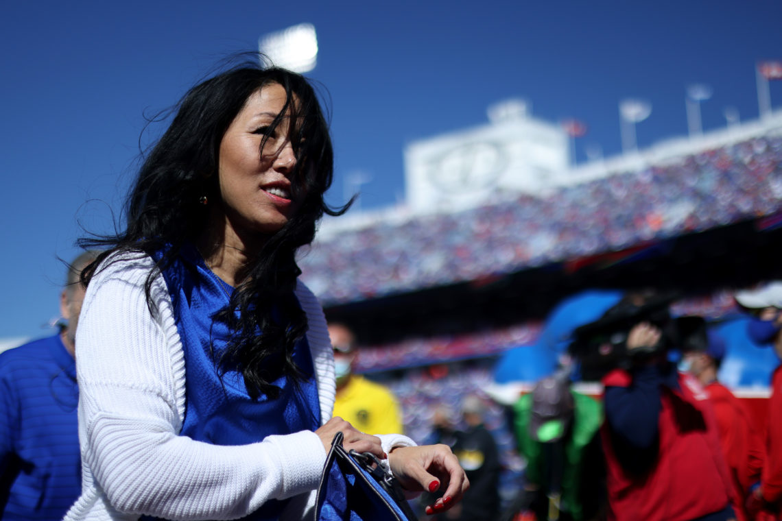 Kim Pegula owner of the Buffalo Bills walks off the field prior to a game against the Washington Football Team at Highmark Stadium in September 2021