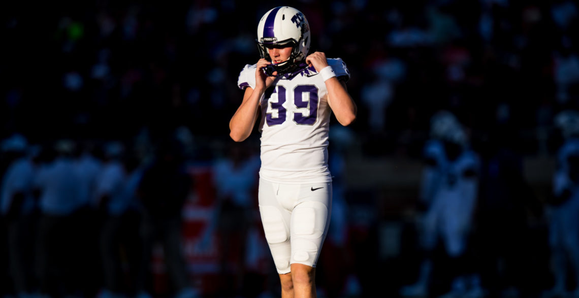 Griffin Kell #39 of the TCU Horned Frogs lines up for a field goal