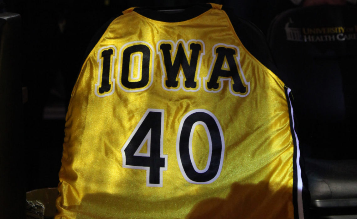 The retired jersey of former Iowa Hawkeyes player Chris Street