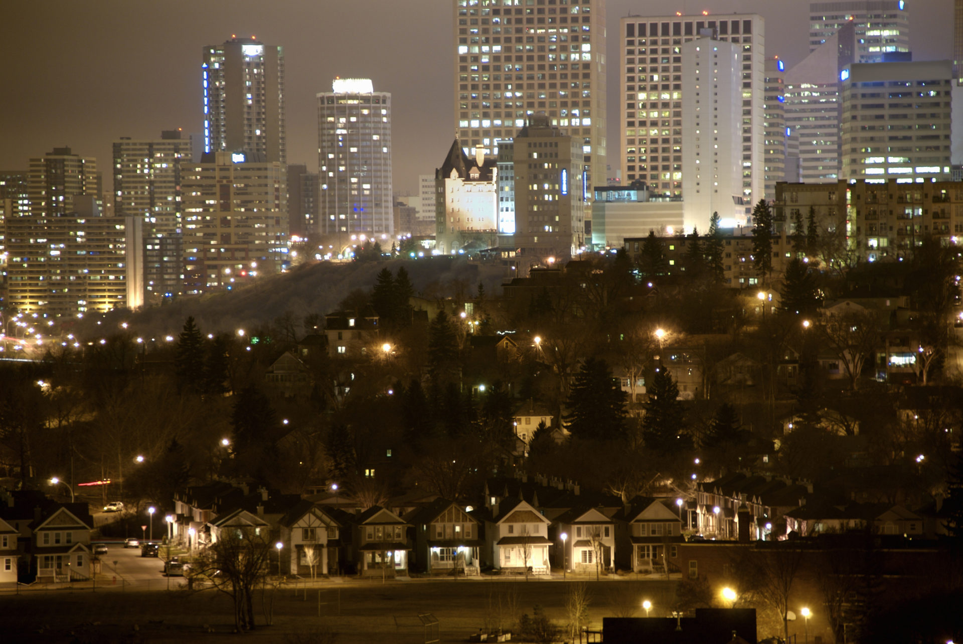 Canada, Alberta, Edmonton, cityscape and residential buildings, night